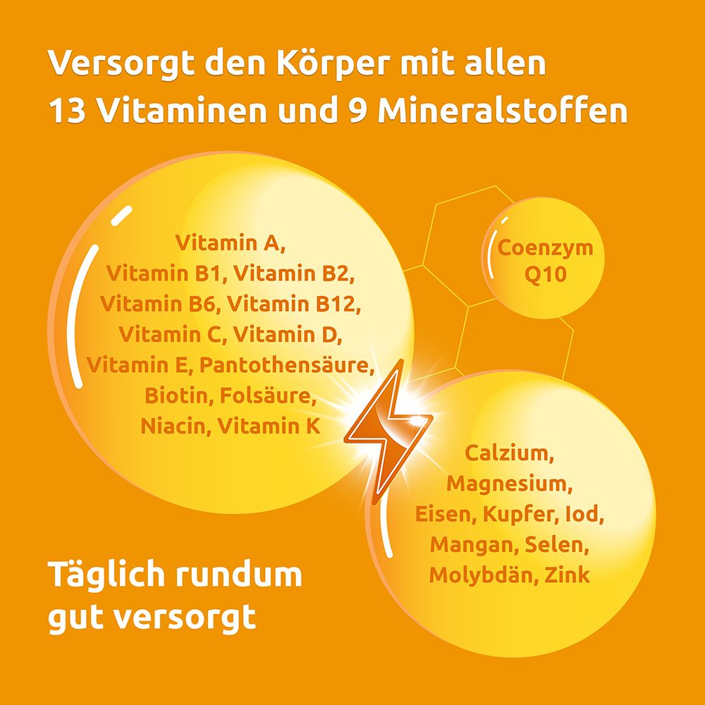 Gelbe Abbildung mit gelben Kugeln und Text: 13 Vitamine, 9 Mineralstoffe, CoQ10.
