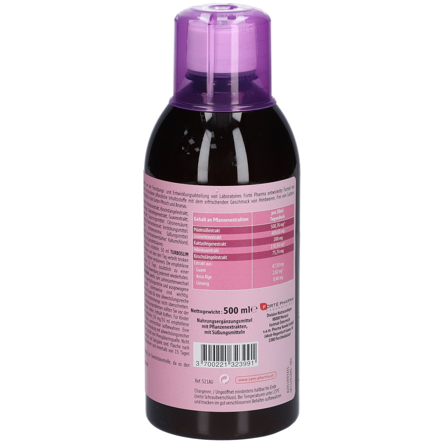 Rückseite der Flasche TURBOSLIM DRINK. Enthält Nährwertangaben und Inhaltsstoffe. 500 ml.