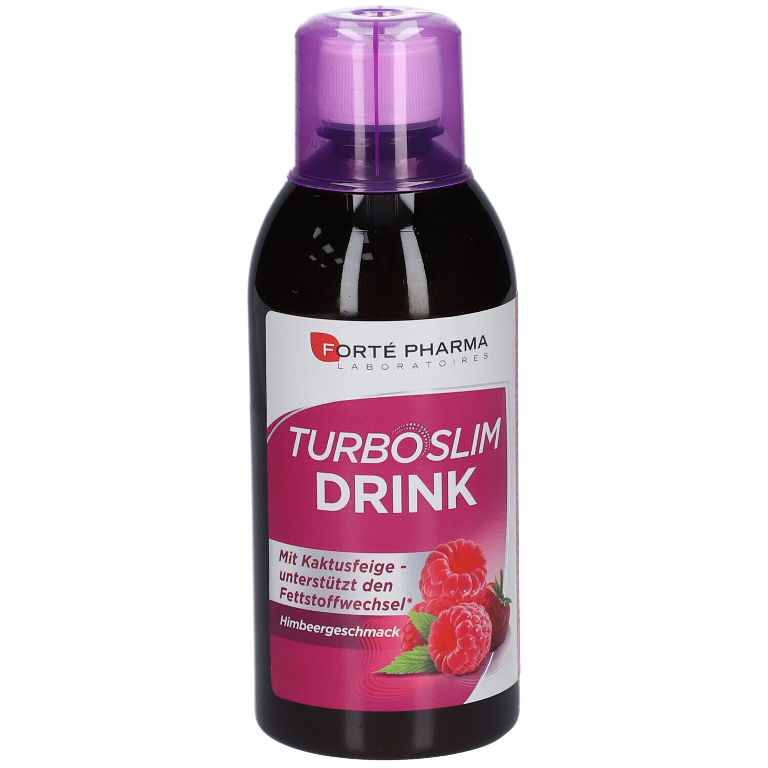Flasche TURBOSLIM DRINK, Himbeergeschmack. Mit Kaktusfeige. Himbeeren abgebildet.