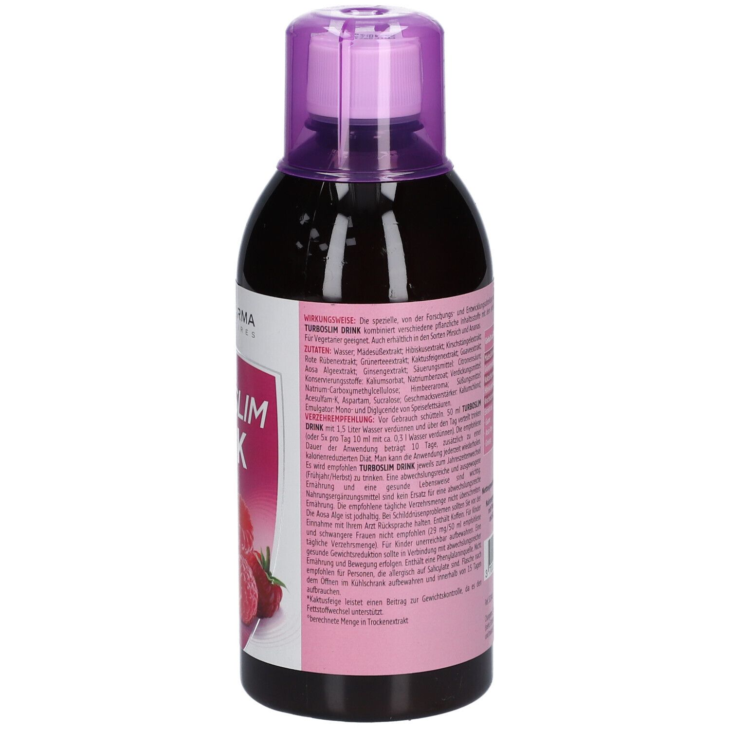 Rückseite der Flasche TURBOSLIM DRINK. Enthält Informationen zu Inhaltsstoffen und Anwendung.