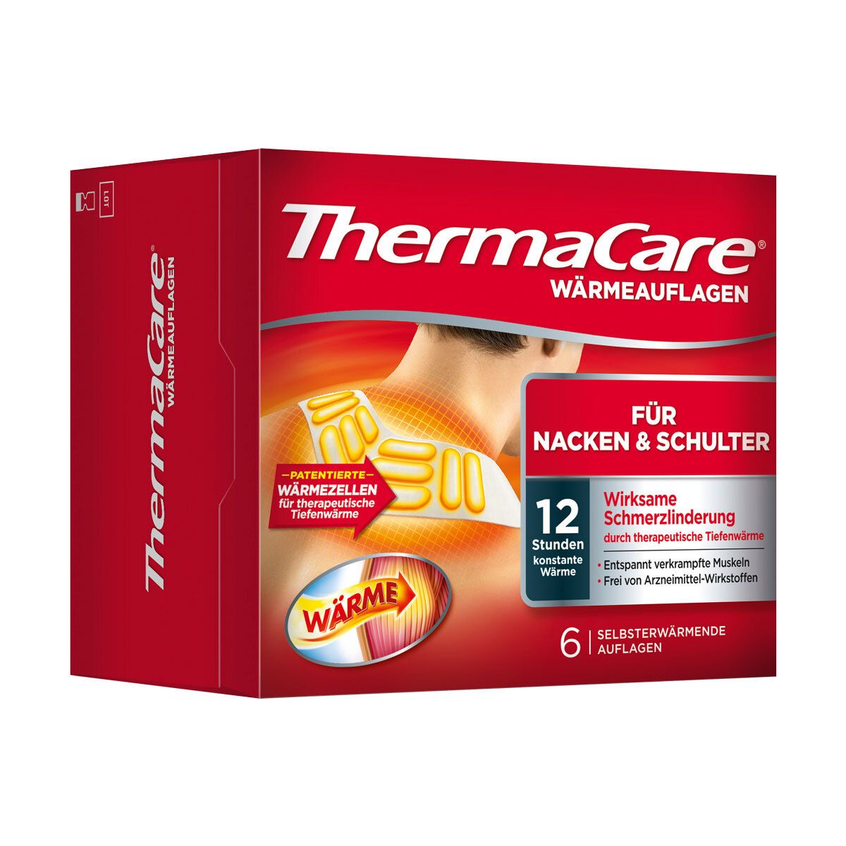 Rote ThermaCare®-Verpackung für Nacken & Schulter. Enthält 6 selbstwärmende Auflagen. Zeigt eine Abbildung des Produkts am Nacken.