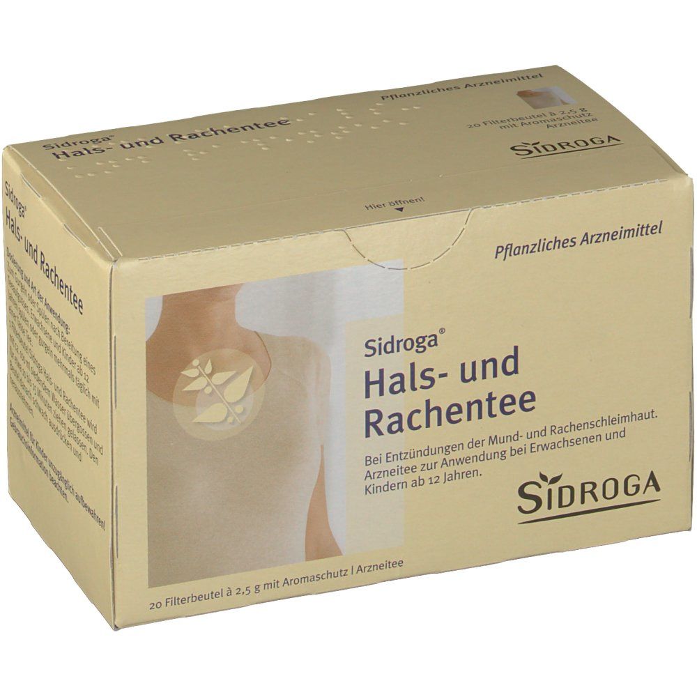 Karton von Sidroga Hals- und Rachentee. Beige Verpackung mit Produktnamen und Logo. Abbildung eines Halses.