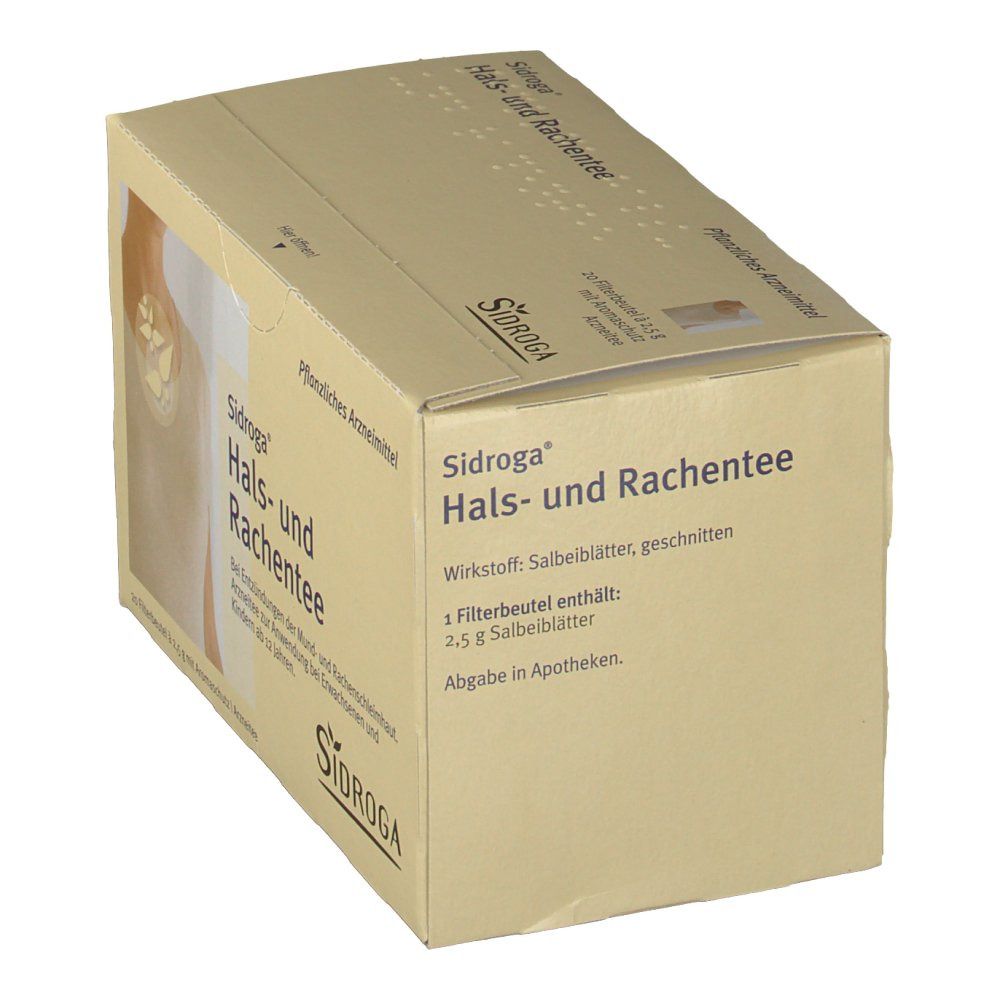 Karton von Sidroga Hals- und Rachentee. Beige Verpackung mit Produktnamen und Logo. Text über Inhaltsstoffe.