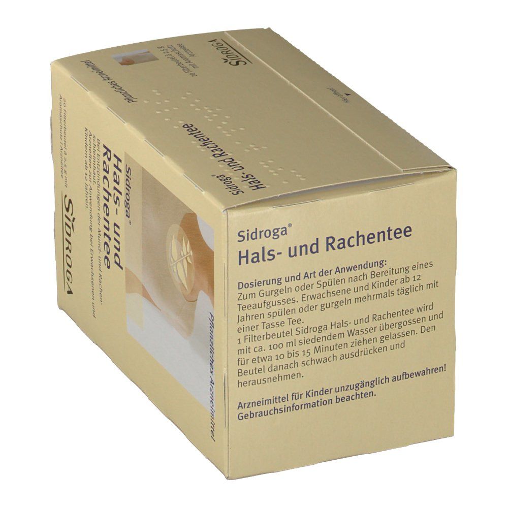 Karton von Sidroga Hals- und Rachentee. Beige Verpackung mit Produktnamen und Logo. Text über Anwendung.