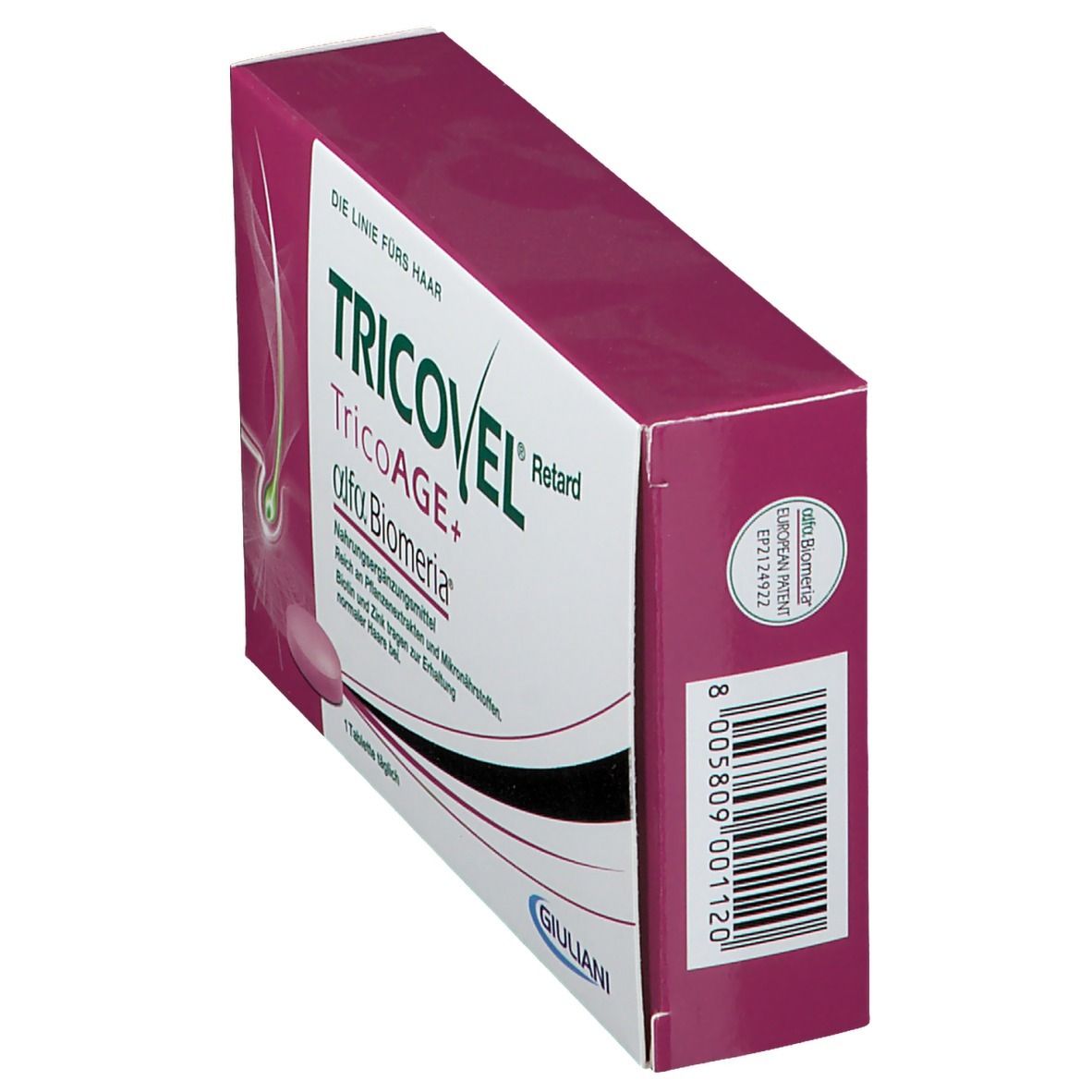Schräg stehende Packung TRICOVEL® TricoAGE+ Retard. Aufdruck: Name, Logo, Barcode, Inhaltsstoffe. Rosa Tablette sichtbar.