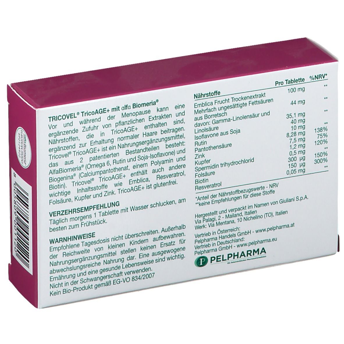 Rückseite der Packung TRICOVEL® TricoAGE+ Retard. Aufdruck: Inhaltsstoffe, Nährwertangaben, Herstellerinformationen.