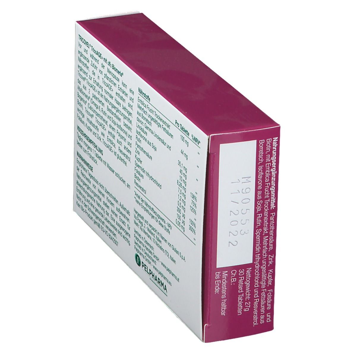 Schräg stehende Packung TRICOVEL® TricoAGE+ Retard. Aufdruck: Inhaltsstoffe, Nährwertangaben, Mindesthaltbarkeitsdatum.