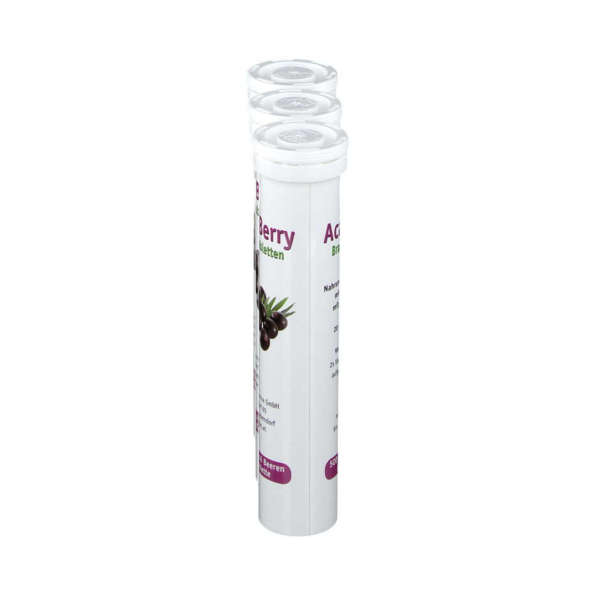 Drei weiße Röhrchen mit Deckel. Aufschrift: Acai Berry Brausetabletten. Abbildung von Acai-Beeren.