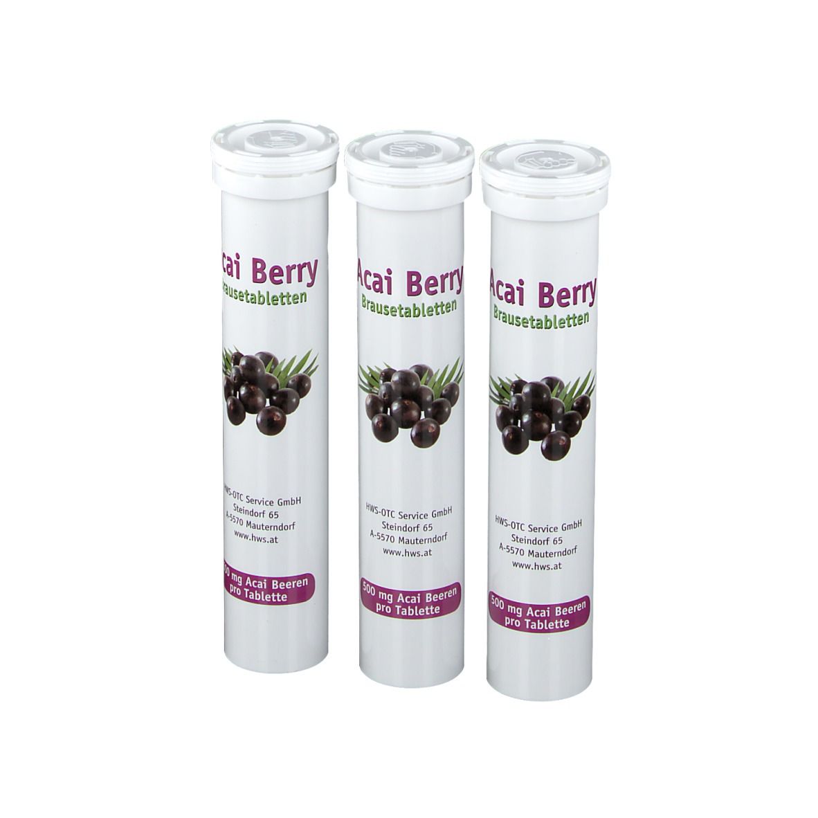 Drei weiße Röhrchen mit Deckel. Aufschrift: Acai Berry Brausetabletten. Abbildung von Acai-Beeren.