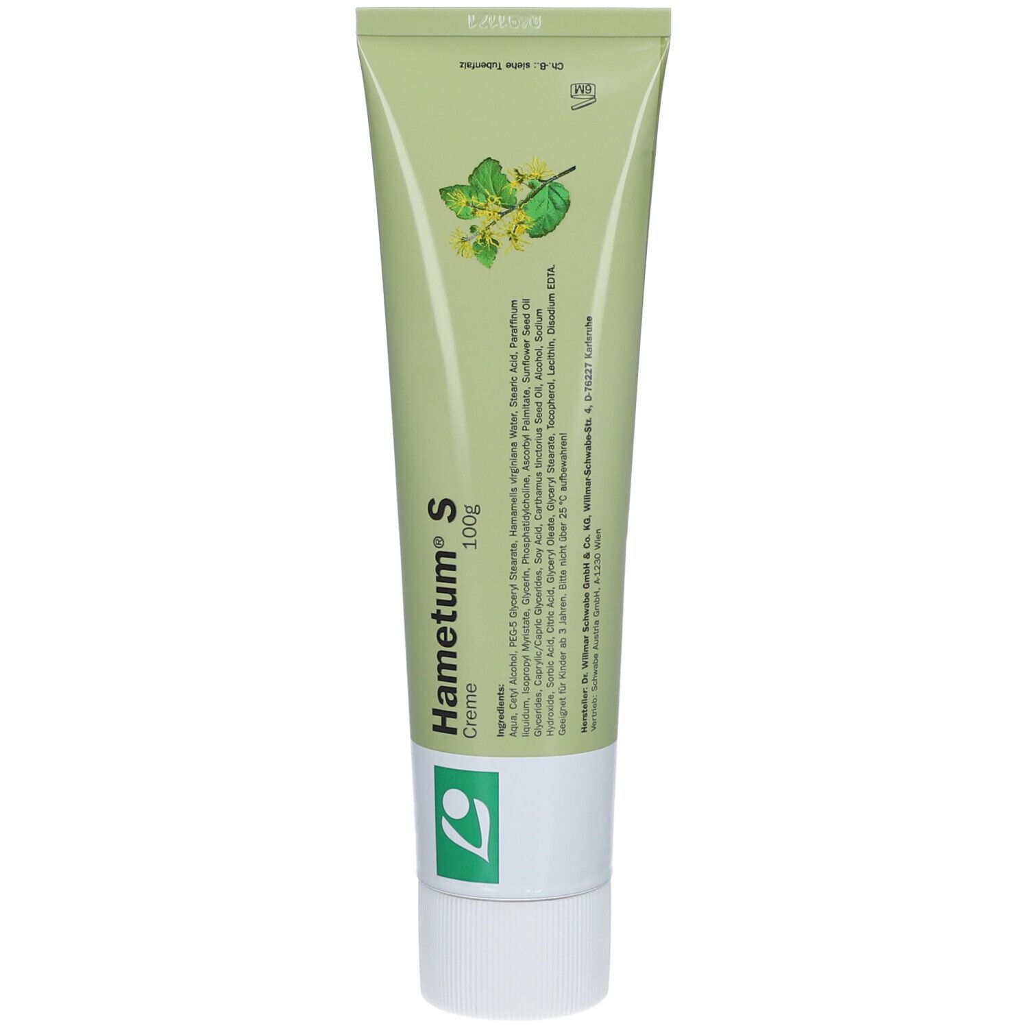 Grüne Tube Hametum S Creme, 100g. Aufdruck: Blütenzweig, Produktname, Text. Inhaltsstoffe und Herstellerangaben.