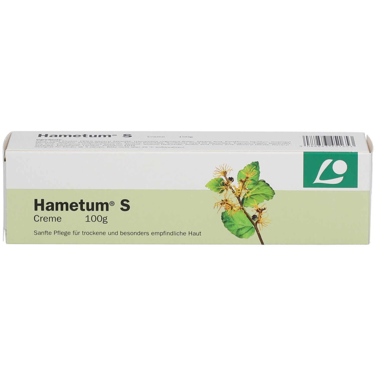 Weiße Schachtel Hametum S Creme. Aufdruck: Produktname, Blütenzweig, Text. Logo. Inhalt: 100g.