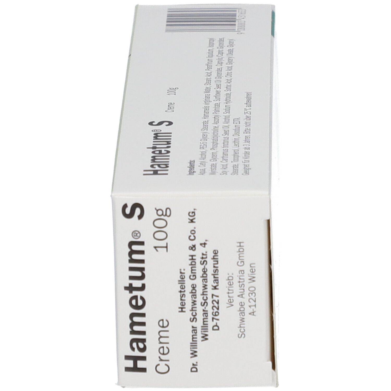 Weiße Schachtel Hametum S Creme. Seitenansicht. Aufdruck: Produktname, Inhaltsstoffe, Hersteller- und Vertriebsadresse.