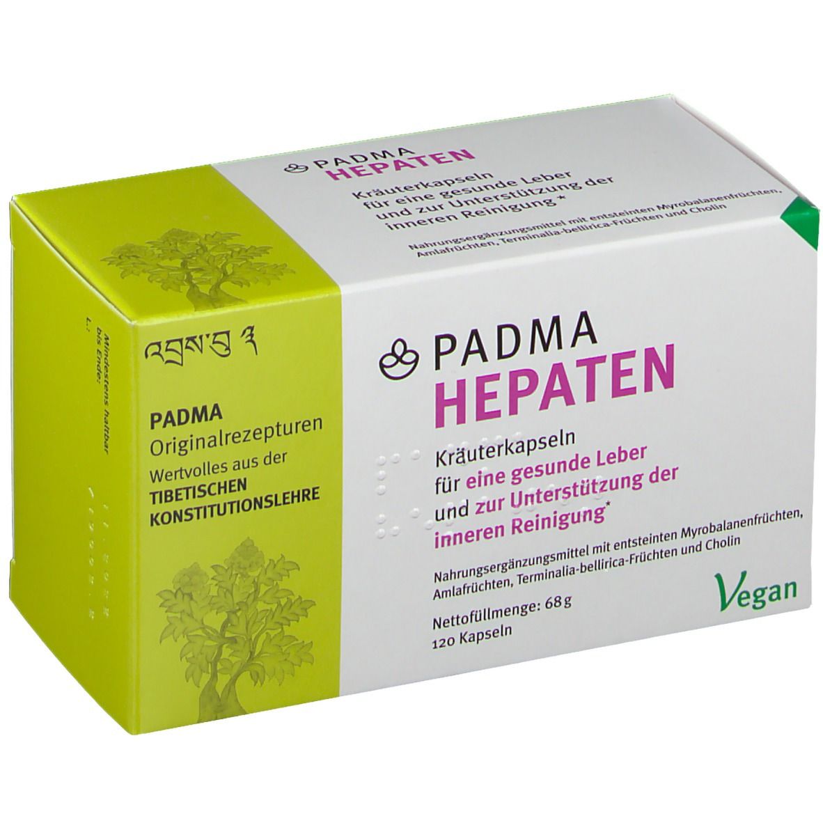 PADMA HEPATEN Kräuterkapseln-Packung. Grün-weiße Schachtel mit Produktnamen und Text. 120 Kapseln, Vegan-Siegel.