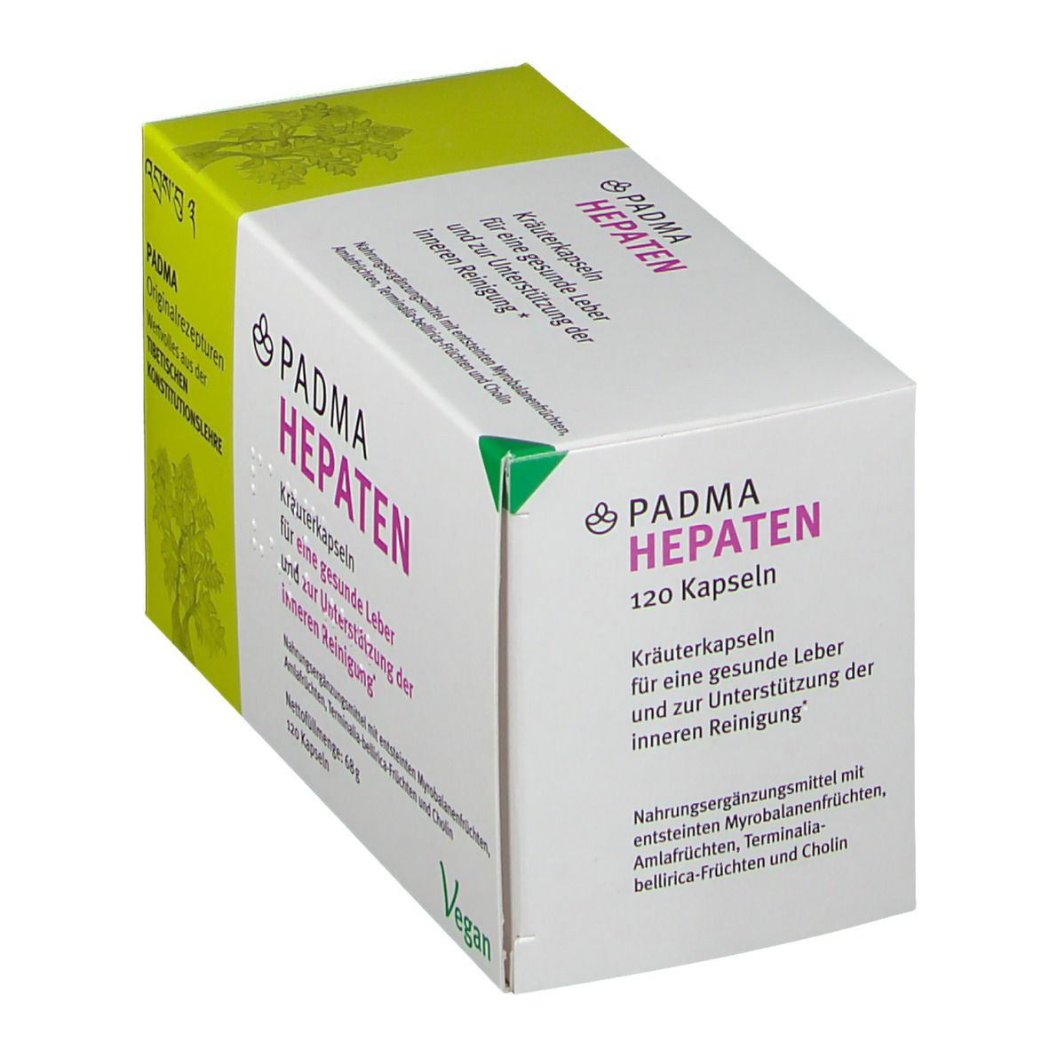 PADMA HEPATEN Kräuterkapseln-Packung. Schachtel in Schrägansicht. Grün-weiße Verpackung mit Produktnamen und Text.