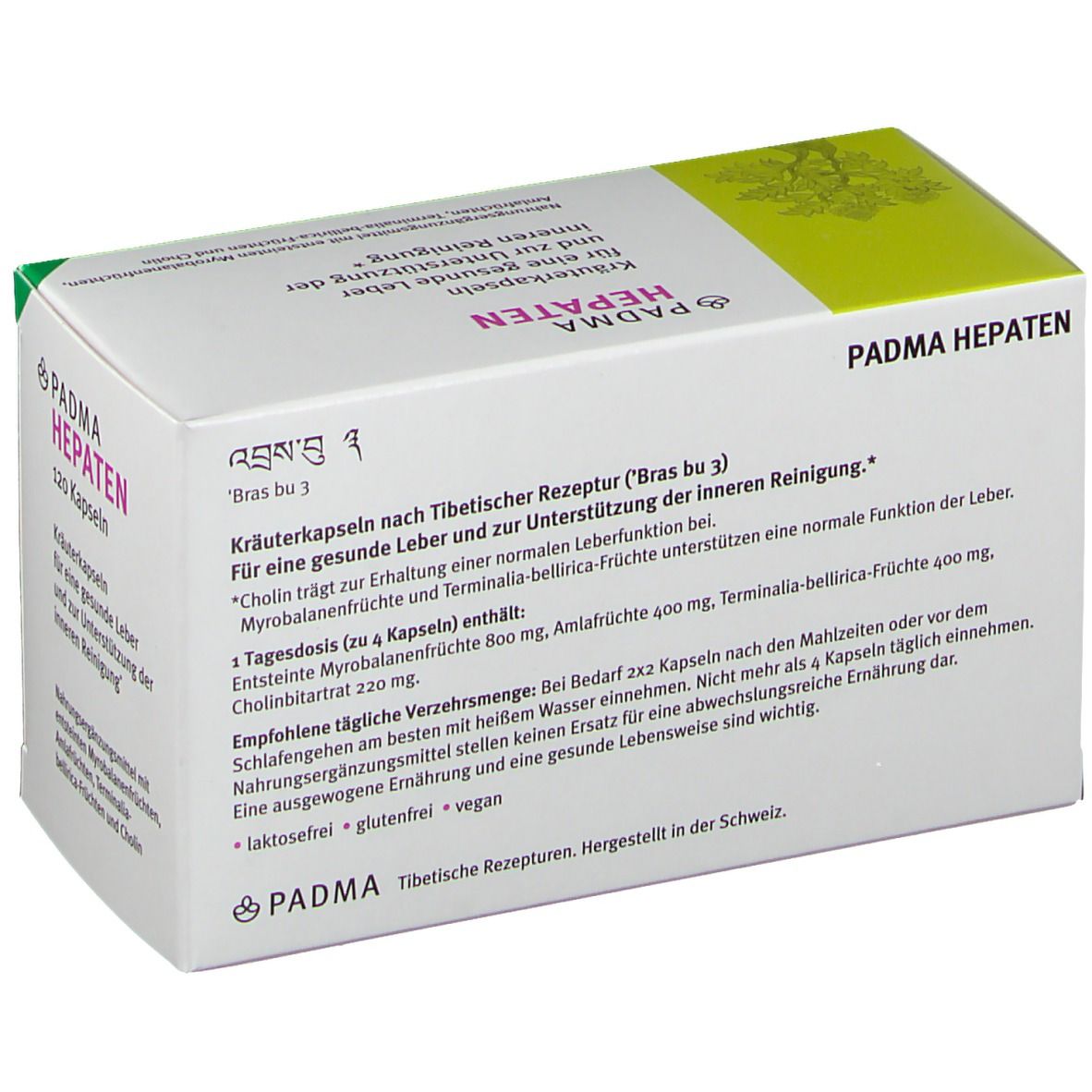 PADMA HEPATEN Kräuterkapseln-Packung. Rückseite der Schachtel mit Text. 120 Kapseln. Vegan-Siegel.