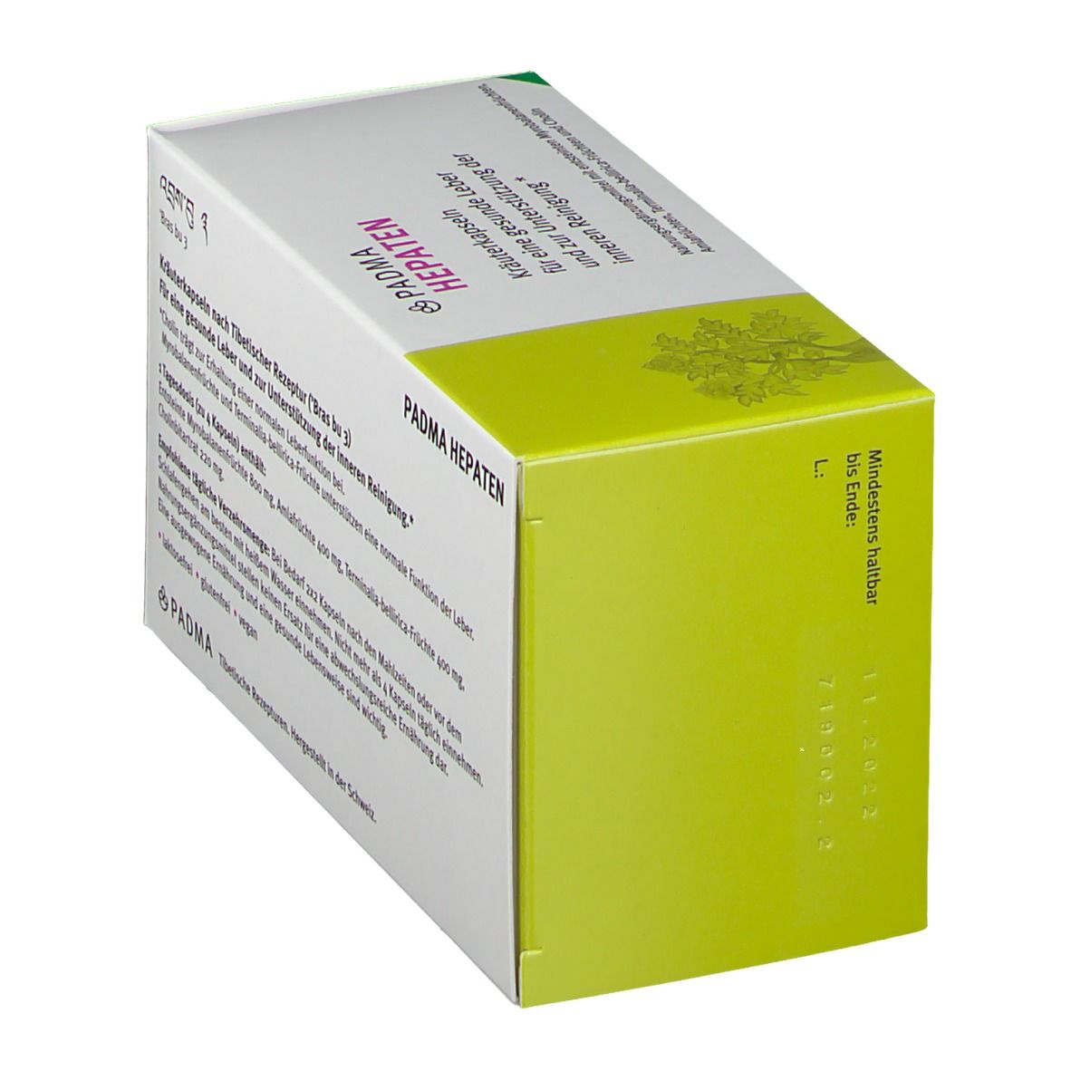 PADMA HEPATEN Kräuterkapseln-Packung. Schachtel in Schrägansicht. Grüne Seite mit Haltbarkeitsdatum.