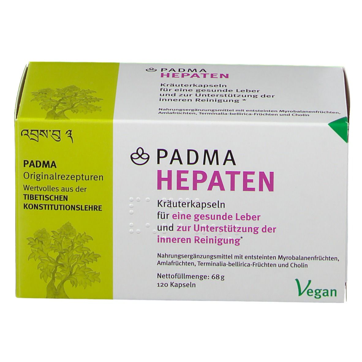 PADMA HEPATEN Kräuterkapseln-Packung. Grün-weiße Schachtel mit Produktnamen und Text. 120 Kapseln, Vegan-Siegel.