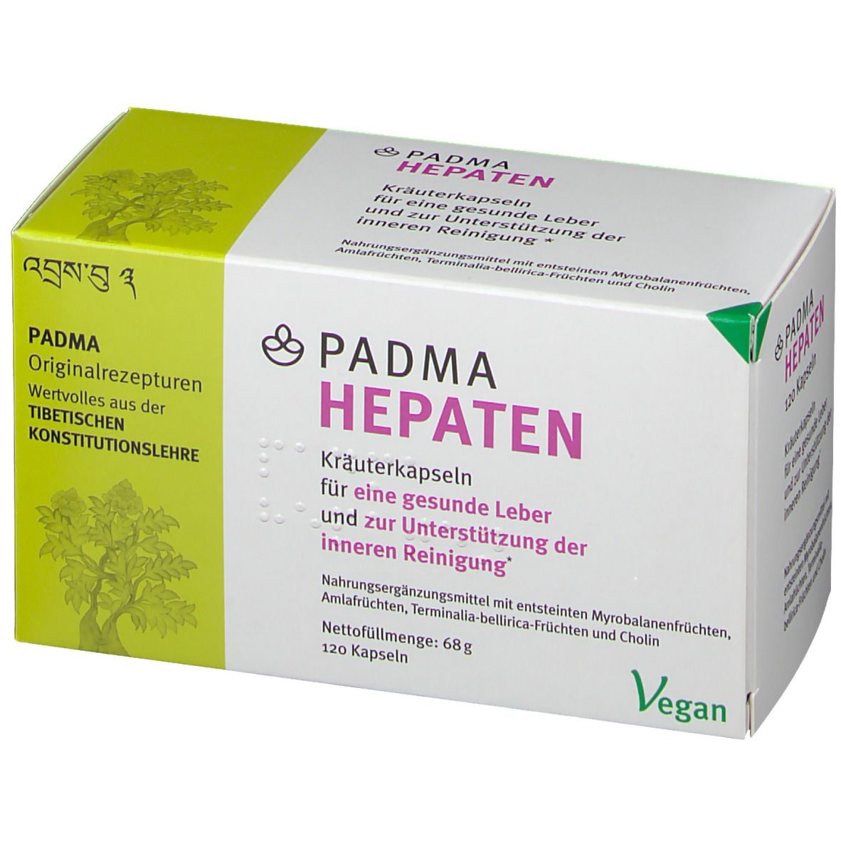 PADMA HEPATEN Kräuterkapseln-Packung. Grün-weiße Schachtel mit Produktnamen und Text. 120 Kapseln, Vegan-Siegel.