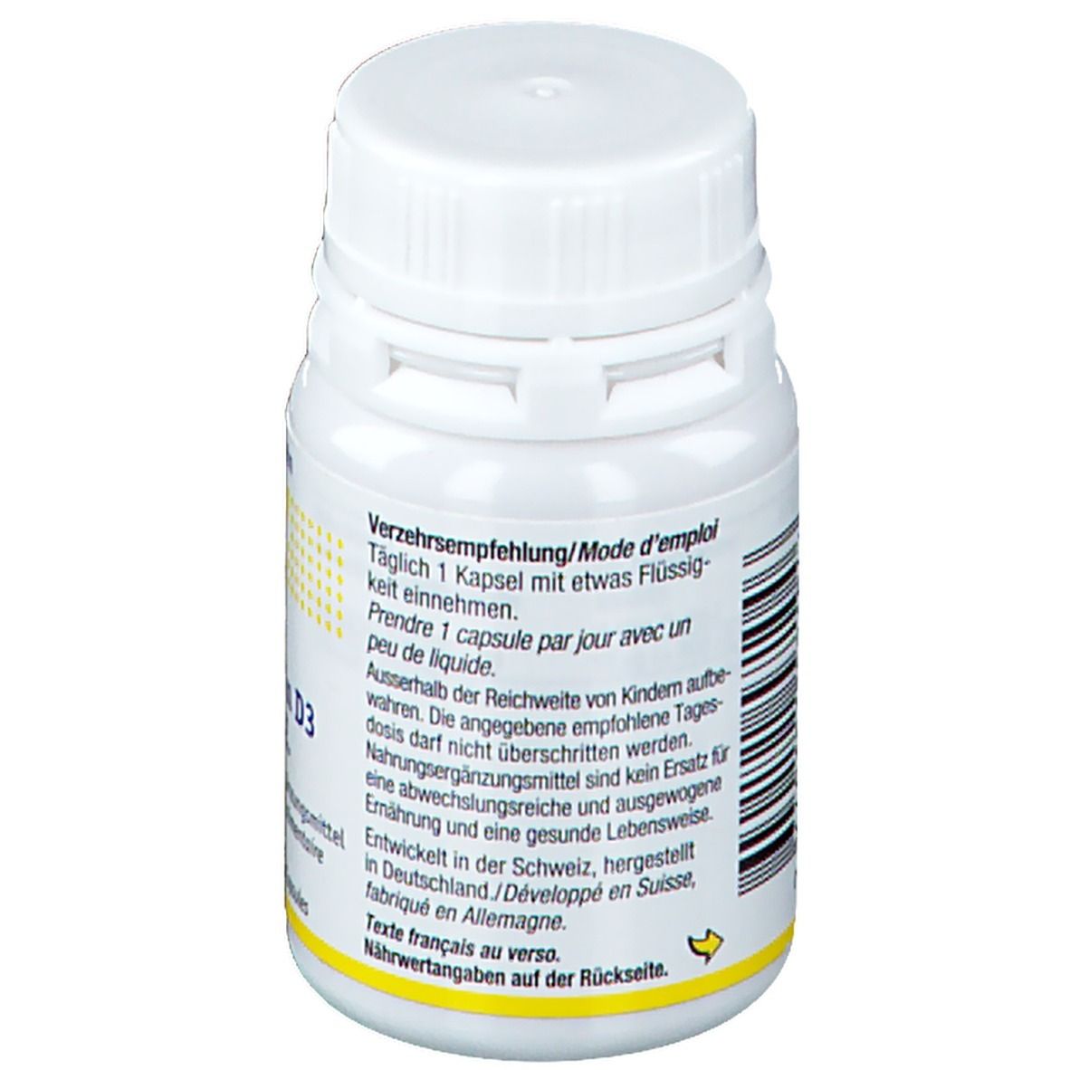 Rückseite der weißen Flasche. Text: Verzehrempfehlung, Inhaltsstoffe, Barcode. Hergestellt in der Schweiz.