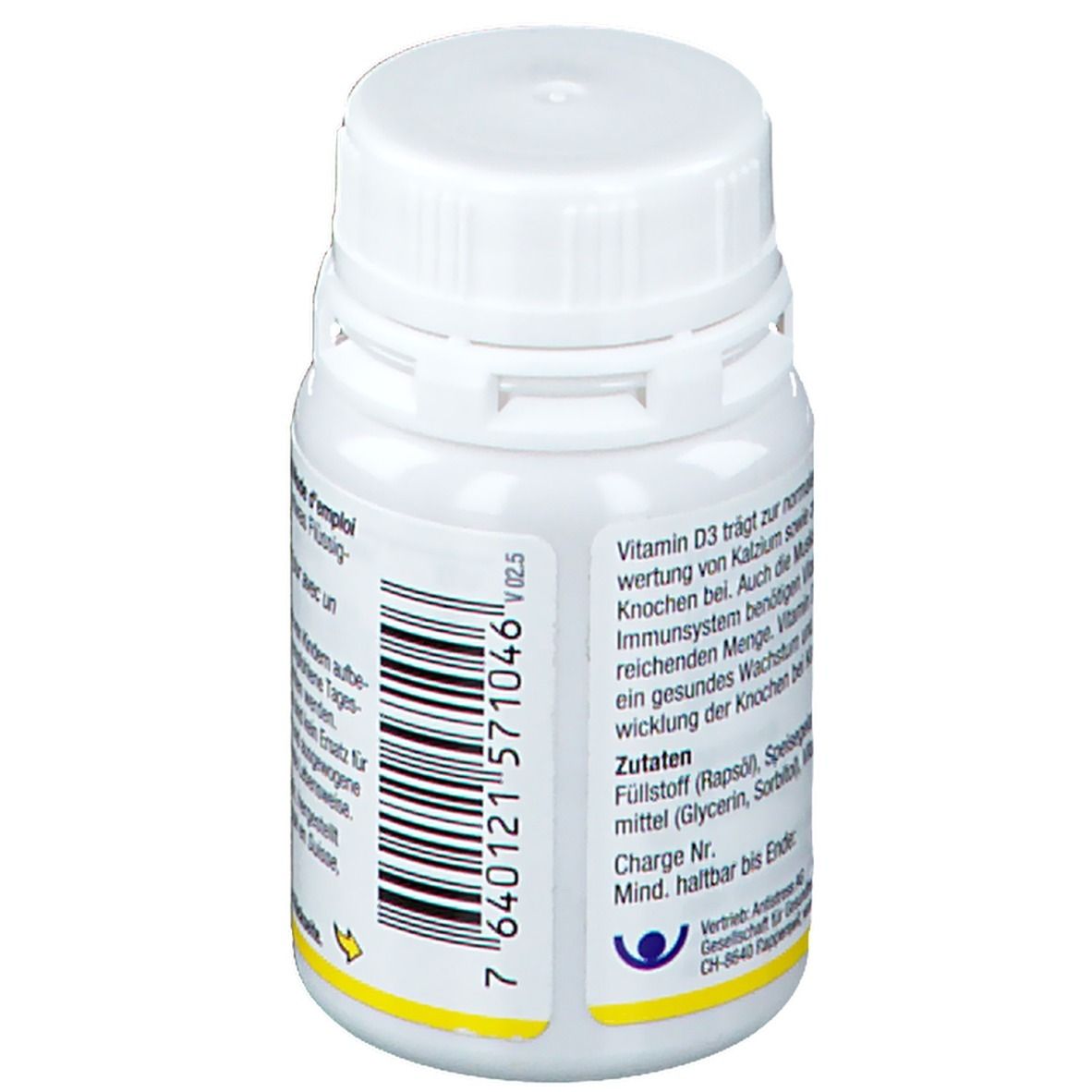 Rückseite der weißen Flasche. Text: Vitamin D3 trägt zur normalen Funktion von Calcium. Zutaten, Charge Nr., Mind. haltbar bis Ende.