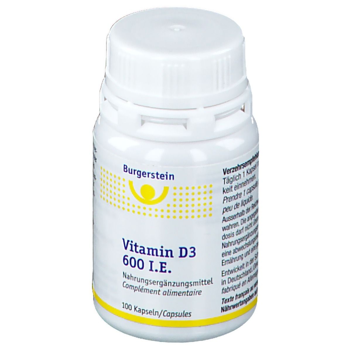 Weiße Flasche mit gelben Akzenten. Aufschrift: Burgerstein Vitamin D3 600 I.E. Nahrungsergänzungsmittel. 100 Kapseln.