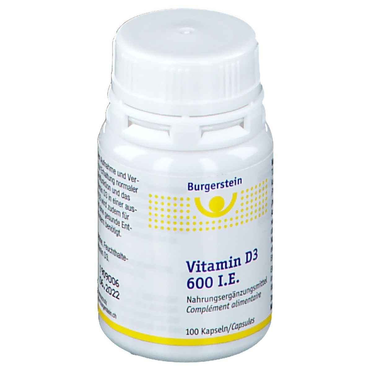 Weiße Flasche mit gelben Akzenten. Aufschrift: Burgerstein Vitamin D3 600 I.E. Nahrungsergänzungsmittel. 100 Kapseln. MHD 06.2022.
