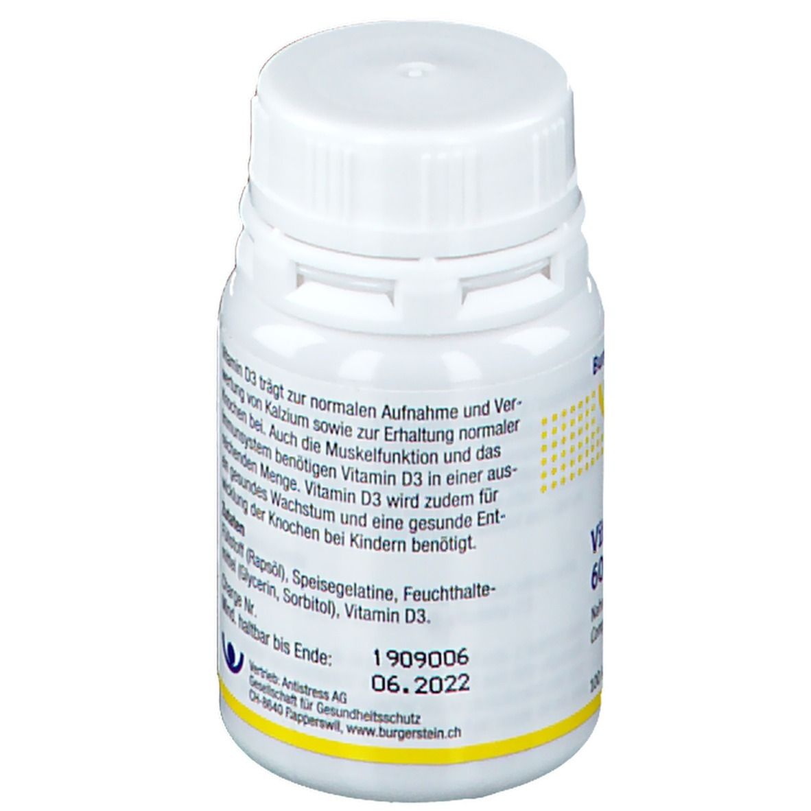 Rückseite der weißen Flasche. Text: Vitamin D3 trägt zur normalen Funktion von Calcium. MHD 06.2022. Zutaten, Charge Nr.