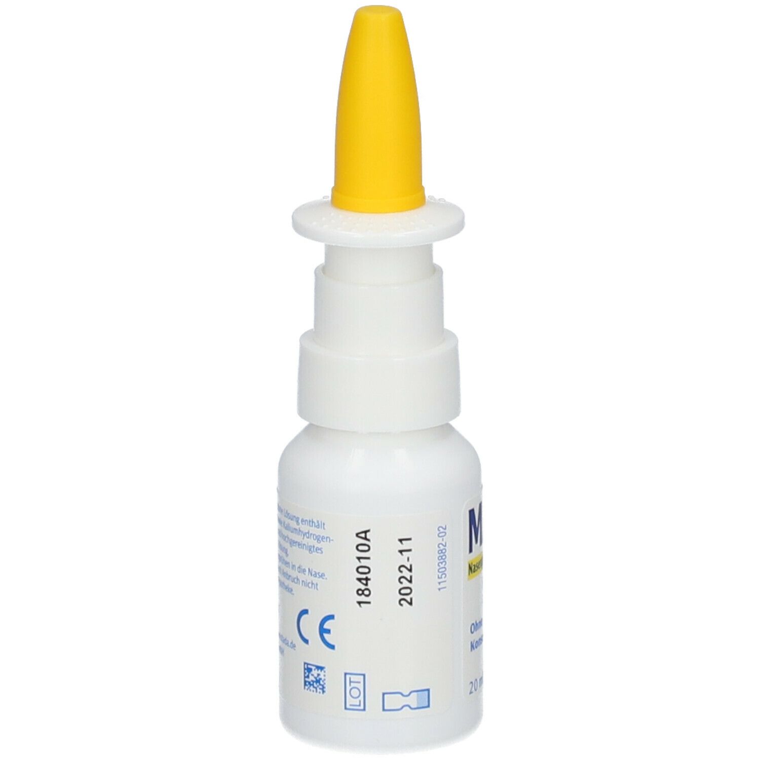 Nasenspray MAR Plus 5% mit gelbem Sprühkopf. Weiße Flasche mit Etikett. Enthält Dexpanthenol. 20 ml.