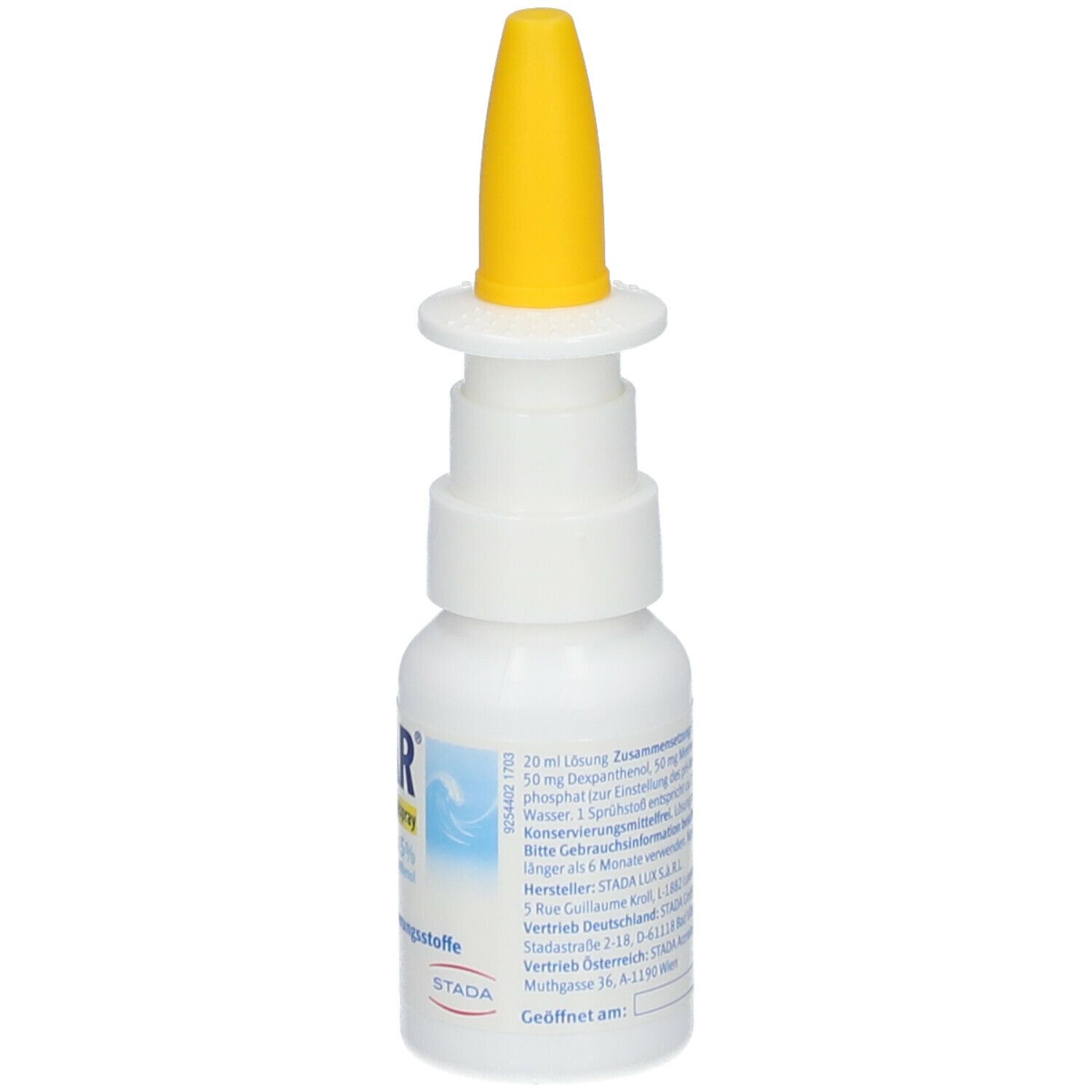 Nasenspray MAR Plus 5% mit gelbem Sprühkopf. Weiße Flasche mit Etikett. Enthält Dexpanthenol. 20 ml.