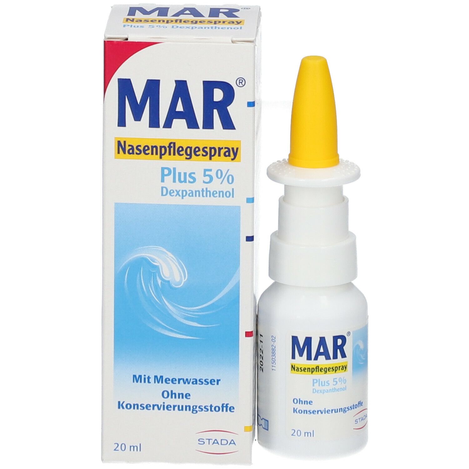 MAR Nasenspray Plus 5% und Verpackung. Weiße Flasche mit gelbem Sprühkopf. Enthält Dexpanthenol. 20 ml.
