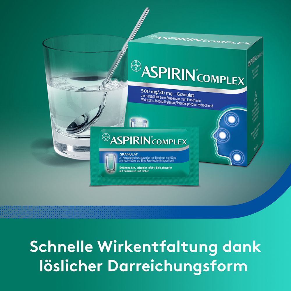 Aspirin® Complex Packung, Glas mit Flüssigkeit und Löffel. Text: Schnelle Wirkentfaltung dank löslicher Darreichungsform.