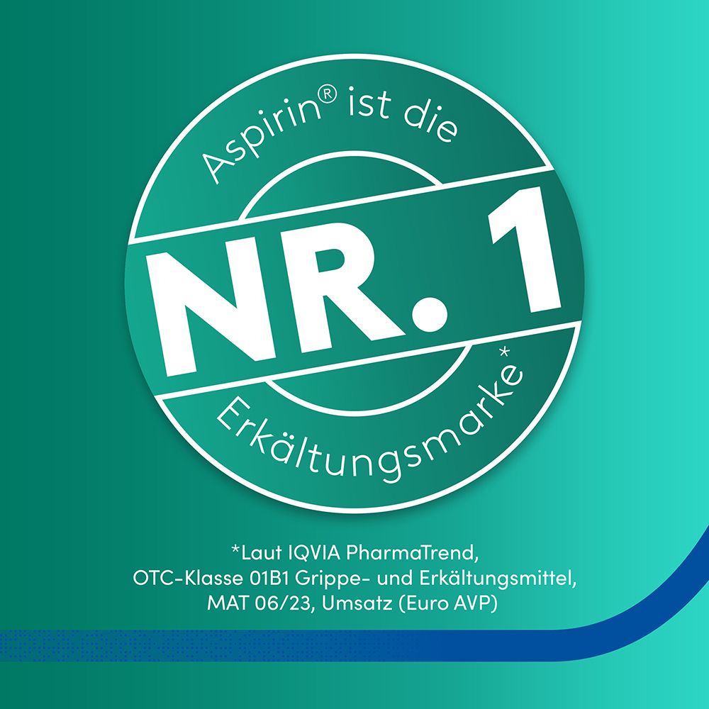 Rundes Logo mit Text: Aspirin® ist die Nr. 1 Erkältungsmarke*. *Laut IQVIA PharmaTrend, OTC-Klasse 01B1 Grippe- und Erkältungsmittel, MAT 06/23, Umsatz (Euro AVP).