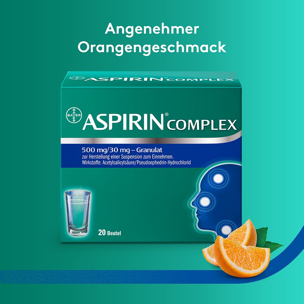 Aspirin® Complex Packung mit Orangen. Text: Angenehmer Orangengeschmack.