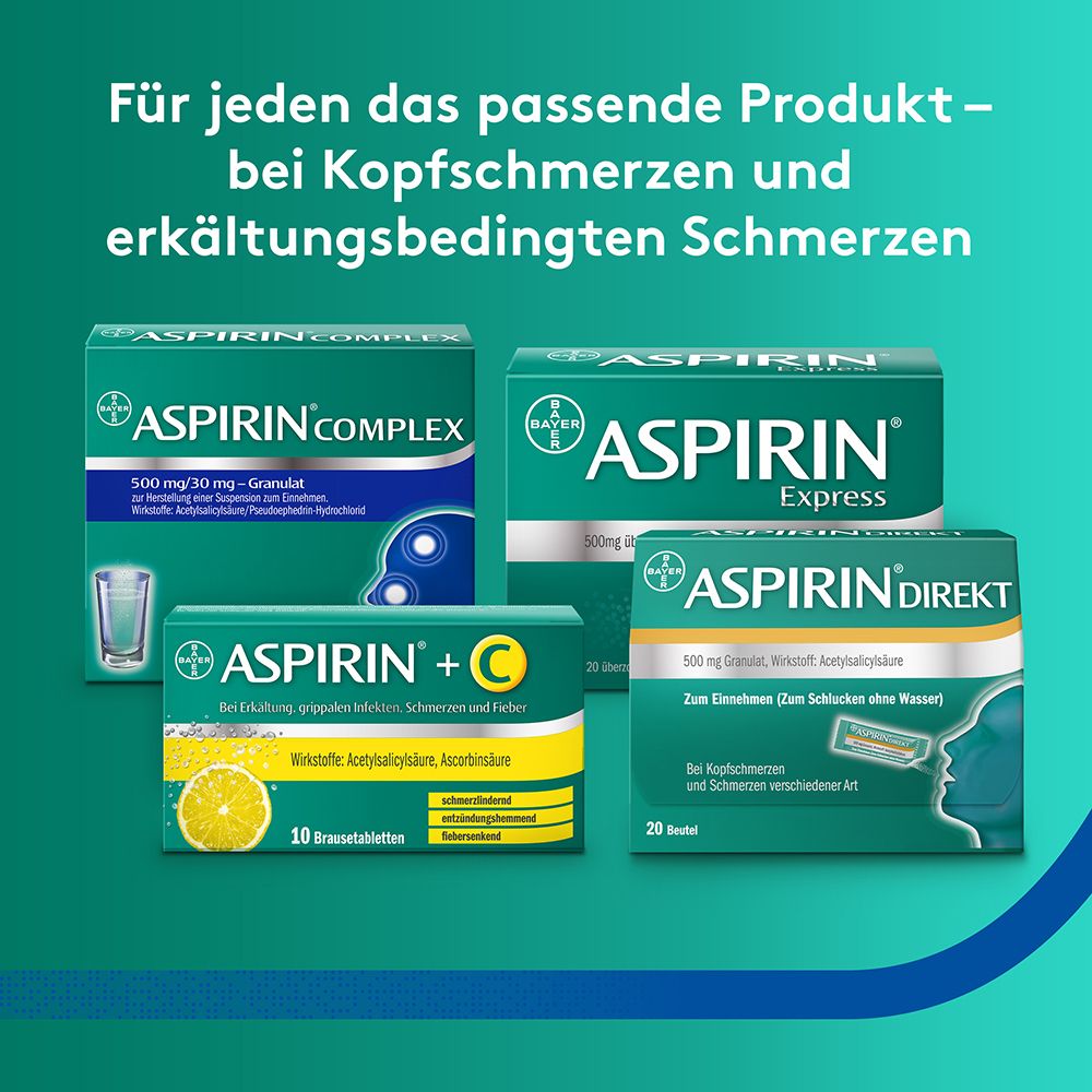 Verschiedene Aspirin® Produkte. Text: Für jeden das passende Produkt – bei Kopfschmerzen und erkältungsbedingten Schmerzen.