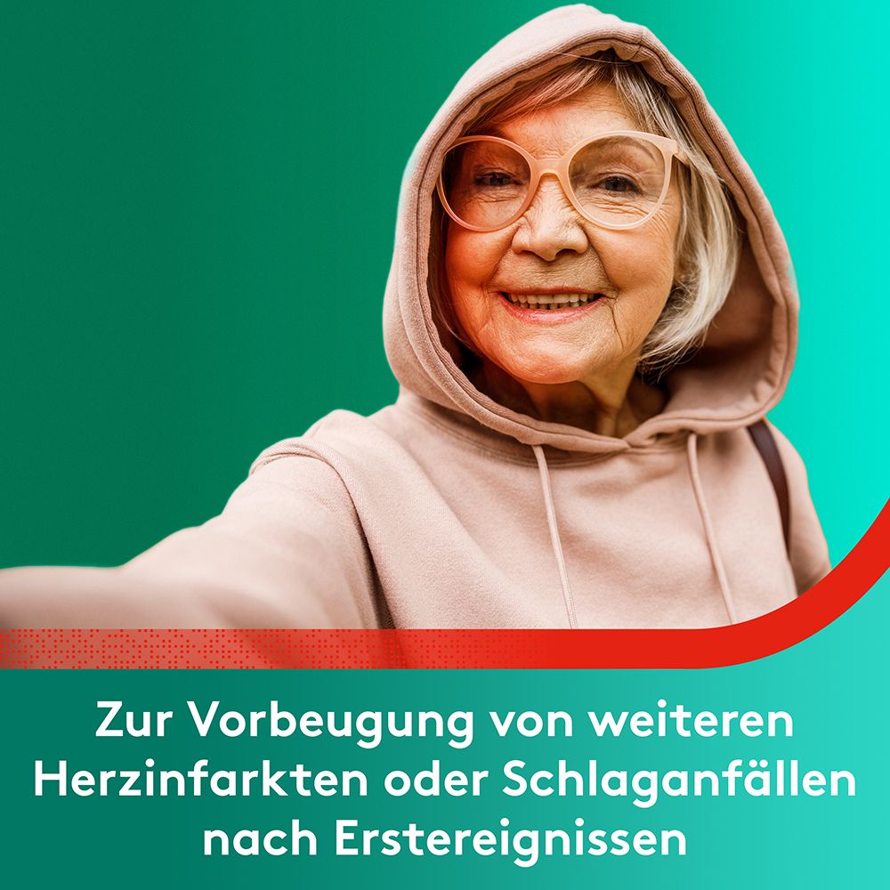 Ältere Frau mit Brille und Kapuzenpullover. Text: Zur Vorbeugung von Herzinfarkten oder Schlaganfällen.