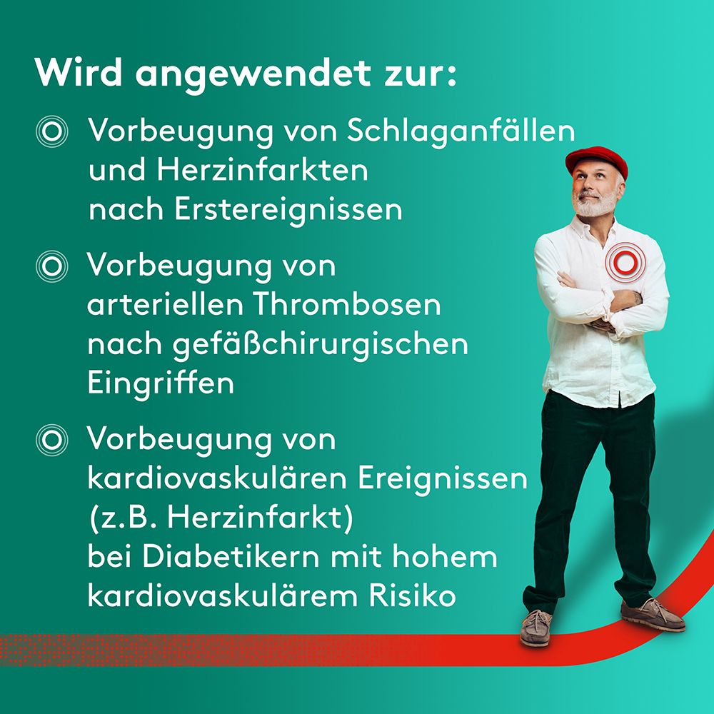 Mann mit roter Mütze. Text: Vorbeugung von Schlaganfällen, Herzinfarkten, arteriellen Thrombosen, kardiovaskulären Ereignissen.