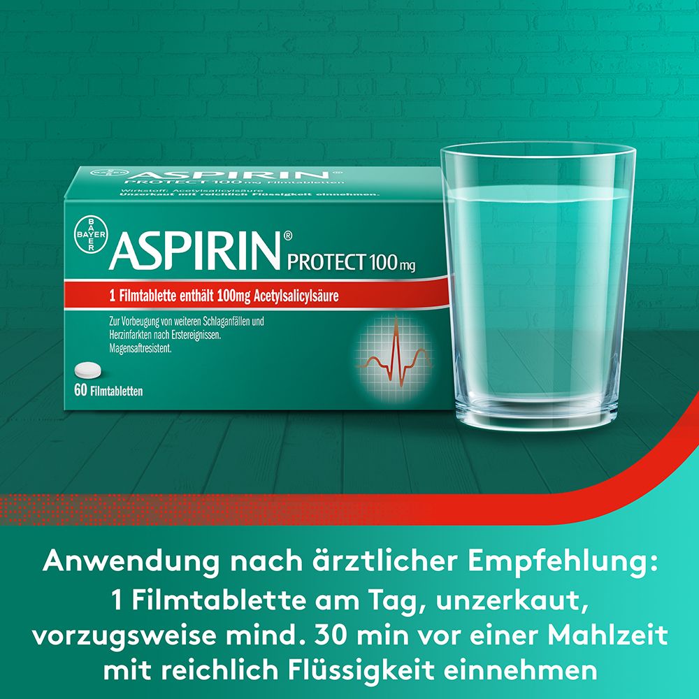 Aspirin Protect 100mg Packung neben Glas Wasser. Text: Anwendung nach ärztlicher Empfehlung.