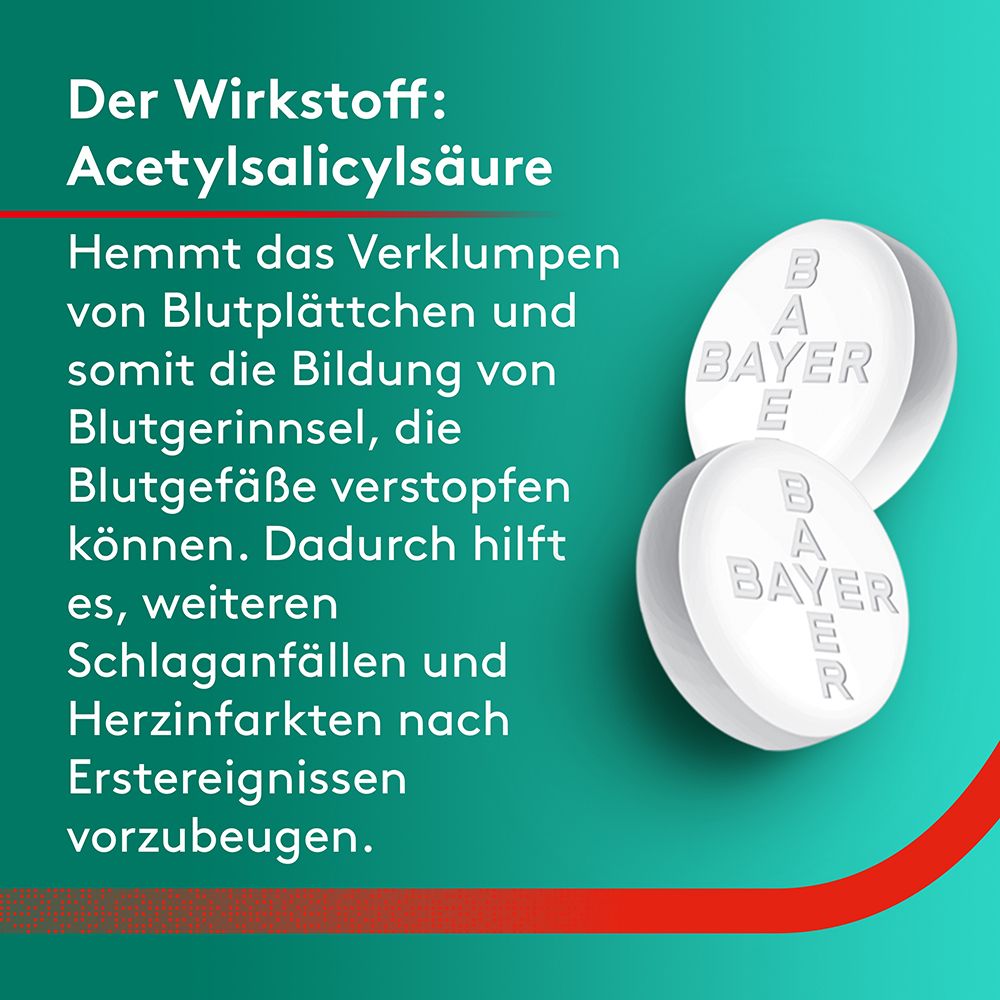 Zwei Tabletten mit Bayer-Logo. Text: Acetylsalicylsäure. Vorbeugung von Schlaganfällen und Herzinfarkten.