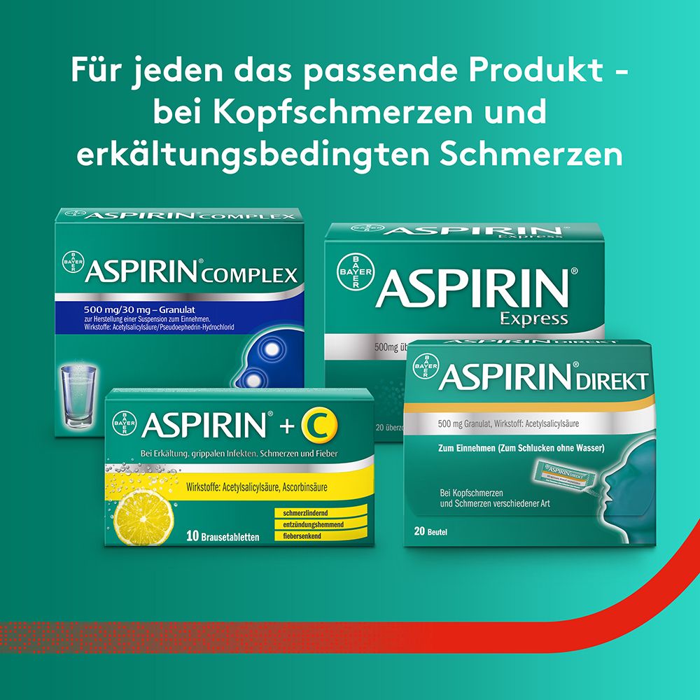Verschiedene Aspirin-Produkte. Aspirin Complex, Express, +C, Direkt. Gegen Kopfschmerzen und Erkältung.