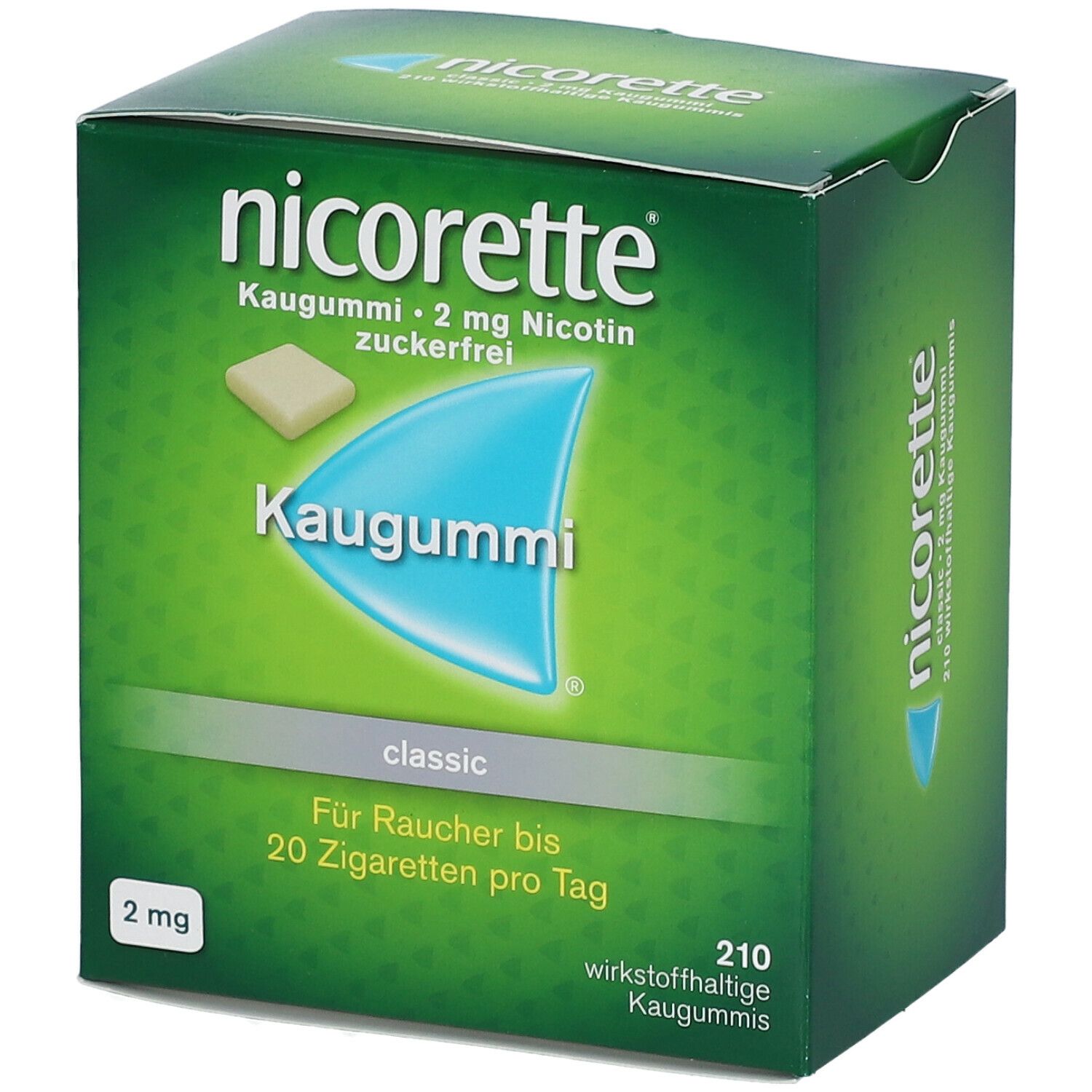 Schachtel mit nicorette® Kaugummi classic. Grün, mit Produktabbildung und Schriftzug.
