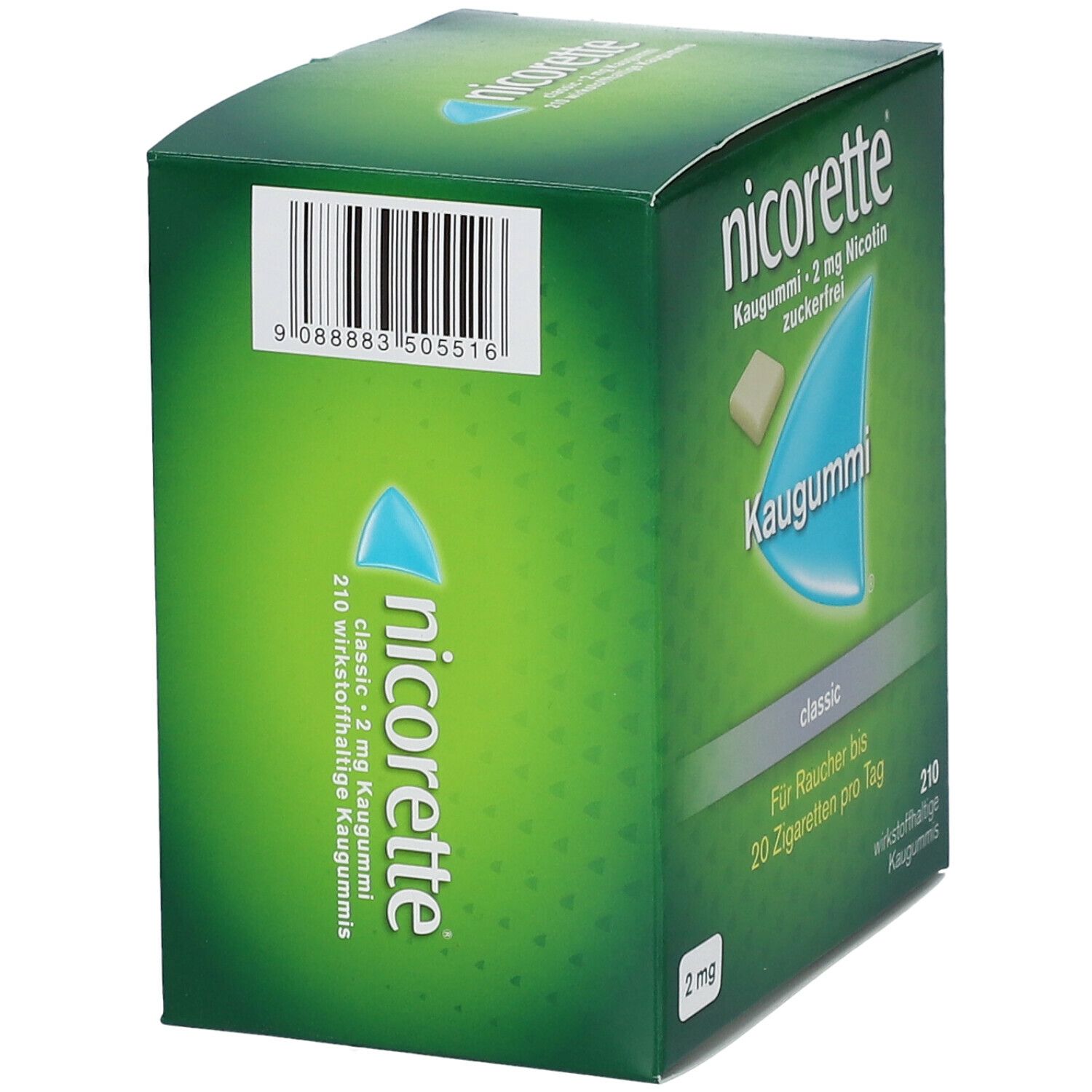 Schachtel mit nicorette® Kaugummi classic. Grün, mit Produktabbildung und Schriftzug.