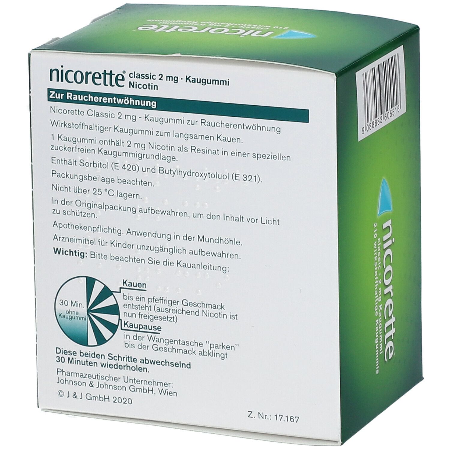 Rückseite der Schachtel mit Informationen zu nicorette® Kaugummi classic.