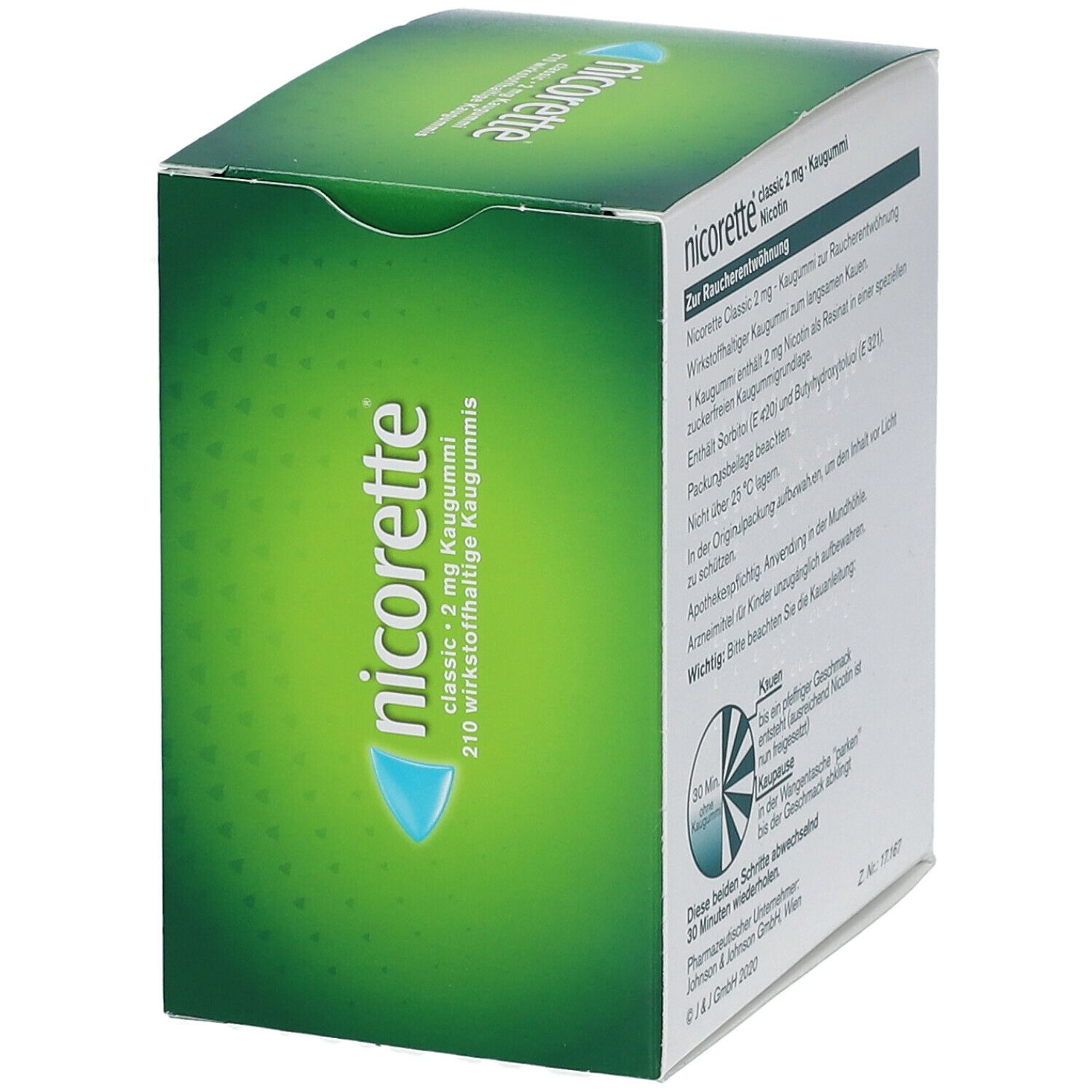 Rückseite der Schachtel mit Informationen zu nicorette® Kaugummi classic.