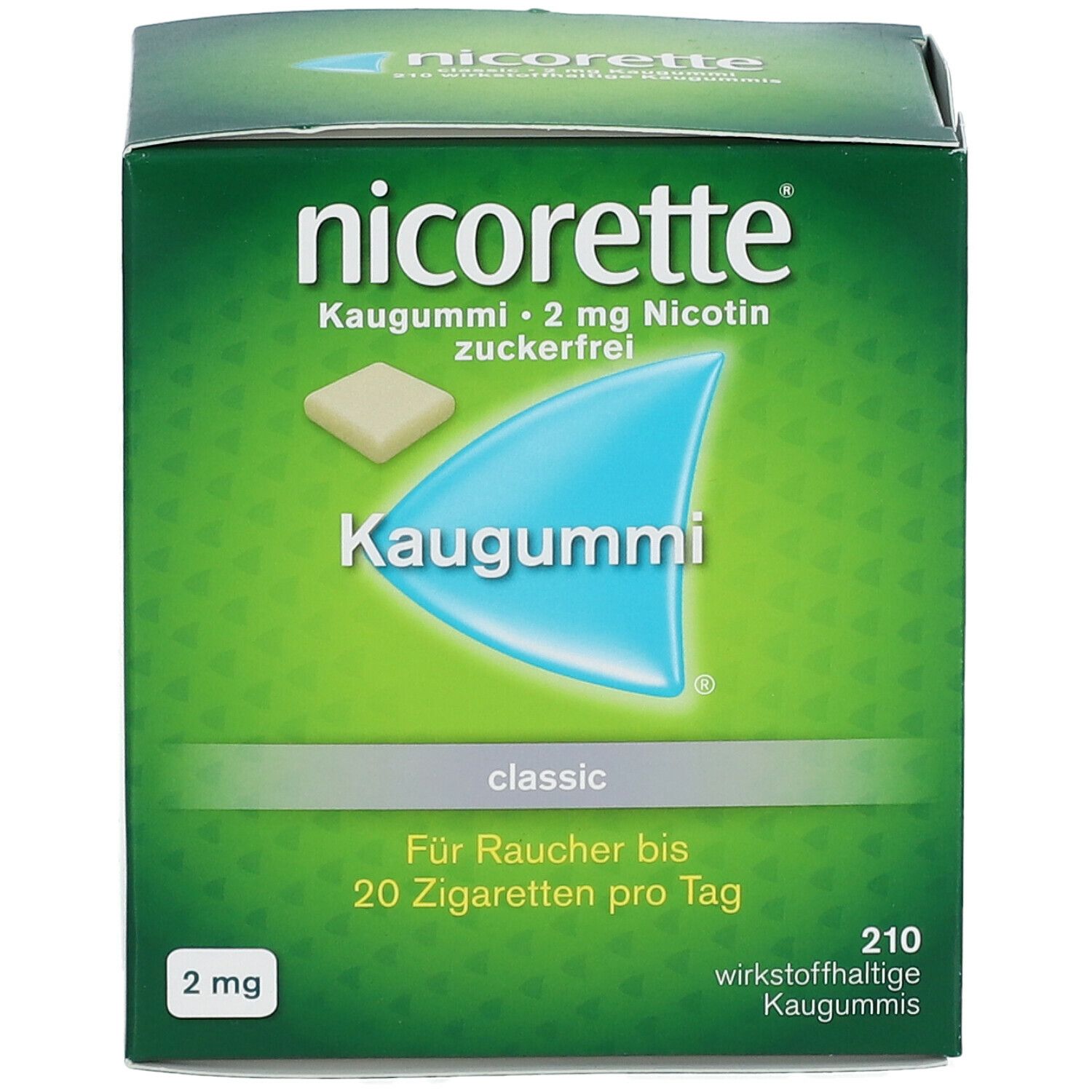 Schachtel mit nicorette® Kaugummi classic. Grün, mit Produktabbildung und Schriftzug.