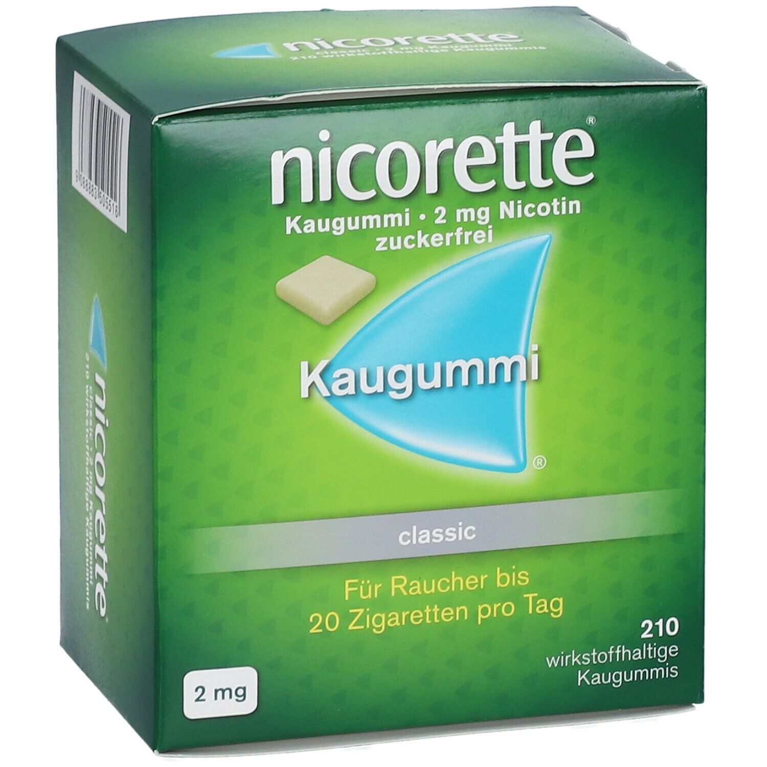 Schachtel mit nicorette® Kaugummi classic. Grün, mit Produktabbildung und Schriftzug.