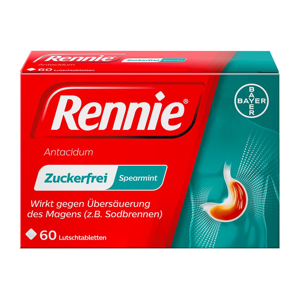 Rote Schachtel mit "Rennie"-Logo, "Antacidum", "Zuckerfrei", "Spearmint" und 60 Lutschtabletten. Bayer-Logo.