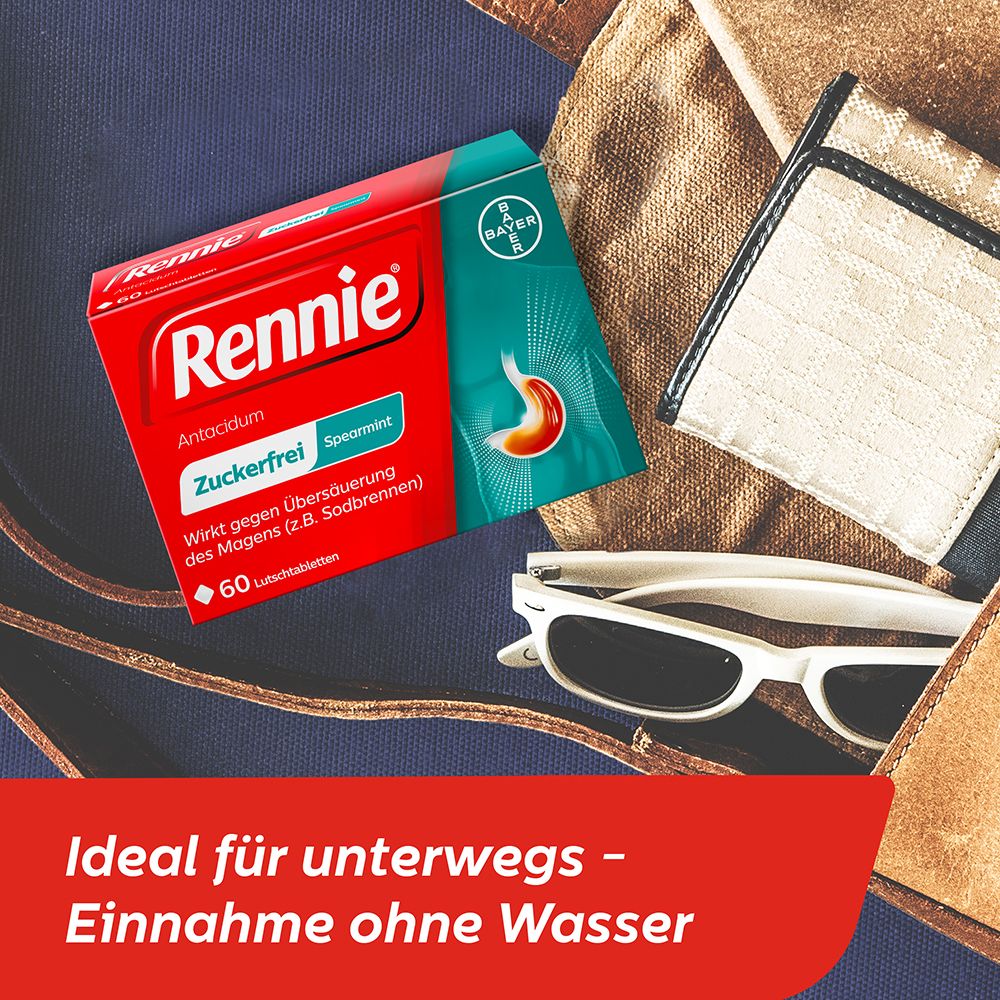 Rote Schachtel "Rennie" auf einer Tasche. Text: Ideal für unterwegs - Einnahme ohne Wasser.