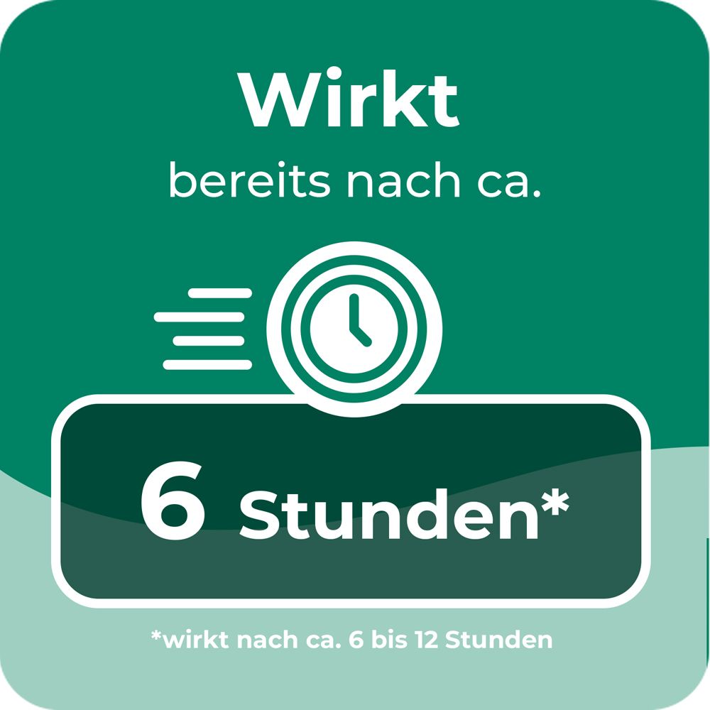 Text: Wirkt bereits nach ca. 6 Stunden. Abbildung einer Uhr.