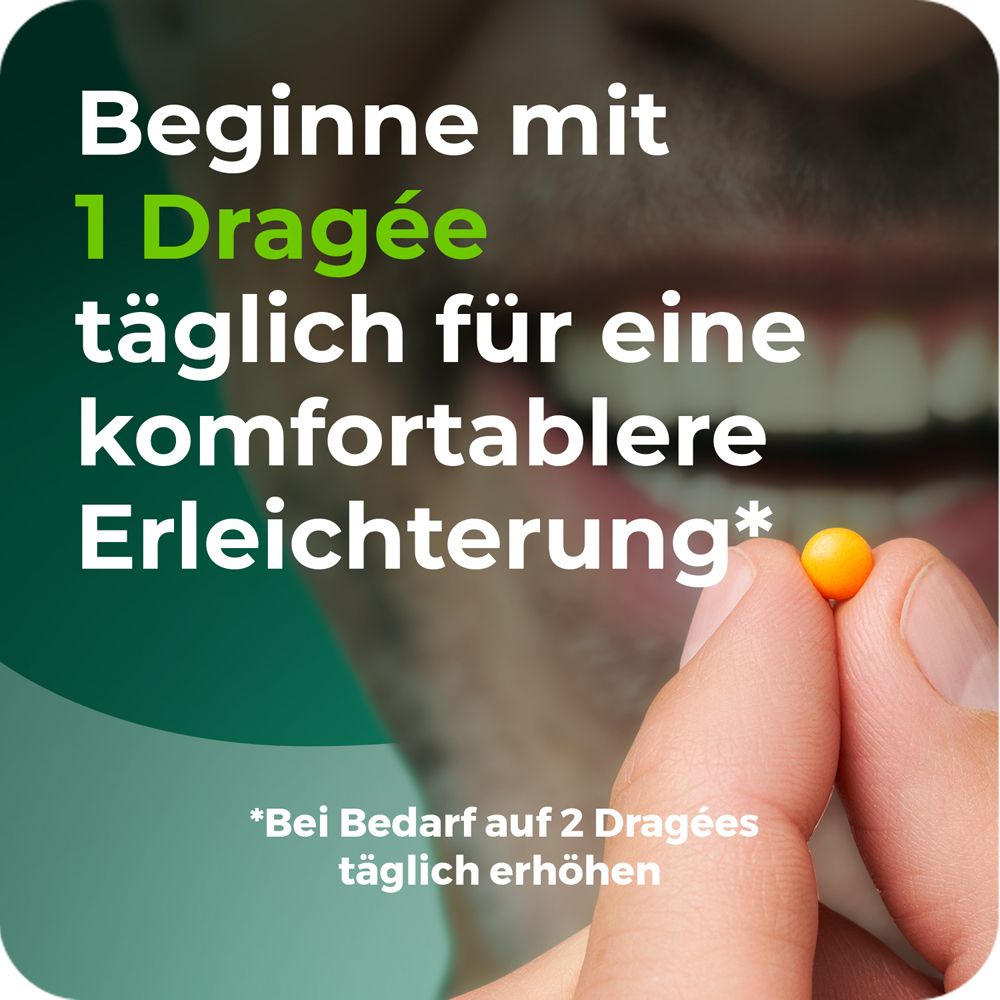 Mann hält eine Dragee. Text: Beginne mit 1 Dragee täglich für eine komfortablere Erleichterung.