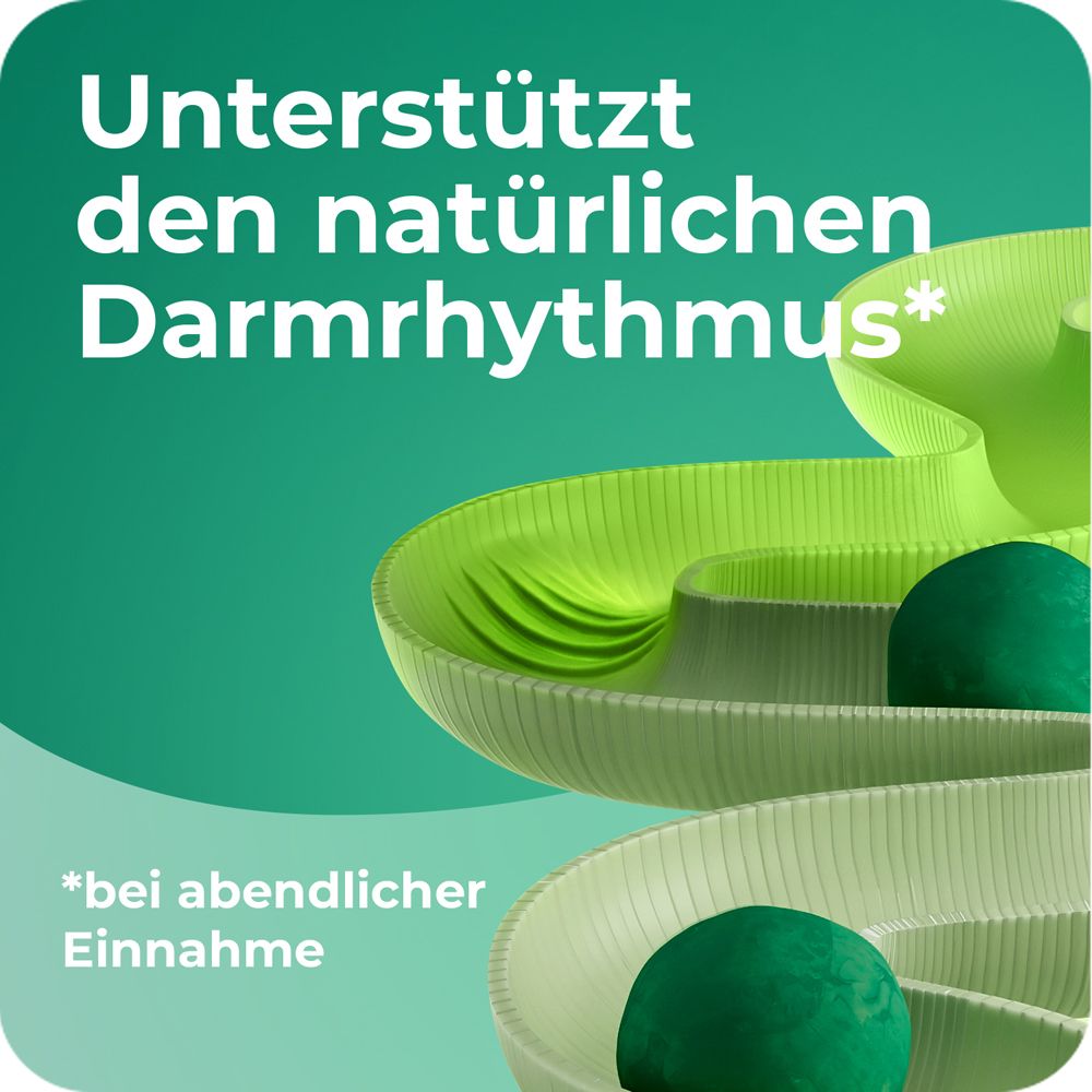 Abbildung von grünen Bahnen mit Kugeln. Text: Unterstützt den natürlichen Darmrhythmus.